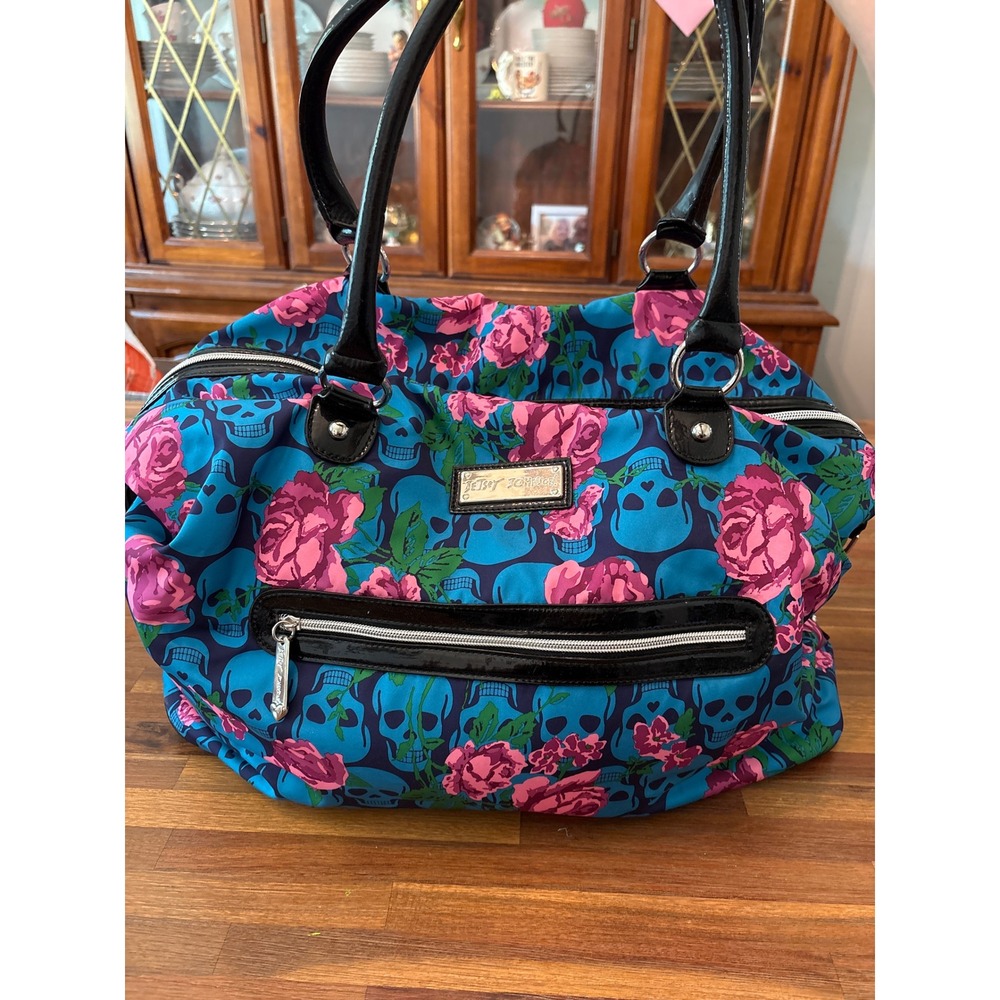 Betsey Johnson Satchel Bag Womens Large Blue Skulls Pink Roses Excellent Nylon